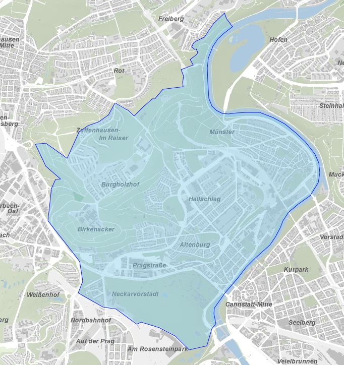 Karte vom nördlichen Stuttgart mit eingezeichnetem Einsatzgebiet der FF Münster